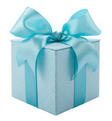 Beautiful blue gift box with  bow on a white