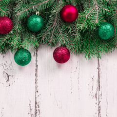 Old wood texture with snow and firtree christmas background