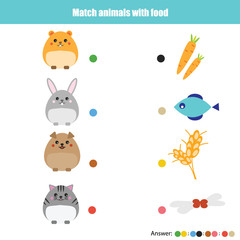 Matching children education game, kids activity. Match animals with food