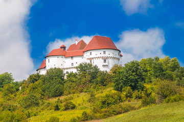 Fototapeta na wymiar Countryside landscape in Zagorje, Croatia, with old castle Veliki Tabor on hill 
