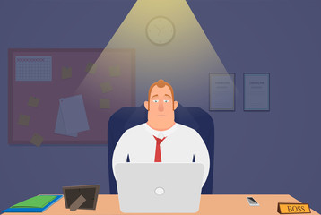 Head tired at night sitting in the office and working. vector illustration.