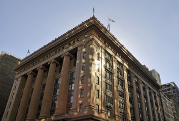 former State Savings Bank building with its  terracotta and pink granite facade in the Beaux-Arts style, located on Martin Place, Sydney NSW Australia 