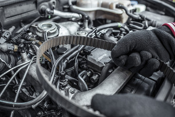 Replacing the belt. Car repair. Under the hood of the car. - obrazy, fototapety, plakaty