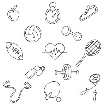 Sports fitness gym equipment.Hand draw doodle set icons