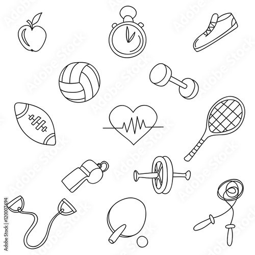 "Sports fitness gym equipment.Hand draw doodle set icons" Stock image