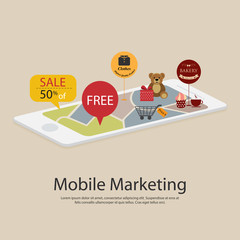 Mobile marketing and personalizing. Smartphone with map and tags