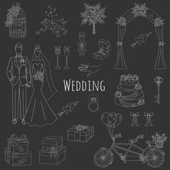 Vector set of hand drawn wedding icons bride, groom, wedding cake, bicycle, bouquet, ring, arch, gift box, birdcage isolated doodle sketch illustrations.