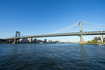 New York City skyline view from Brooklyn of the Manhattan Bridge with East River