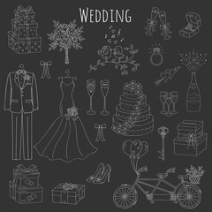 Vector set of hand drawn wedding icons bride, dress, groom, wedding cake, bicycle, bouquet,champagne, ring, gift box, birdcage isolated doodle sketch illustrations.