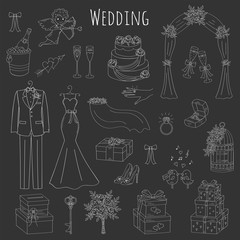 Vector set of hand drawn wedding icons wedding dress, suit, cake, cupid angel, bouquet, ring, arch, gift box, birdcage, champagne isolated doodle sketch illustrations.