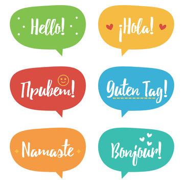 Cute colorful doodle speech bubble set, collection with word hello in different languages.