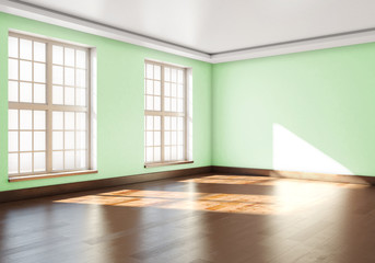 Fototapeta premium Empty room with green walls and large Windows. 3d rendering