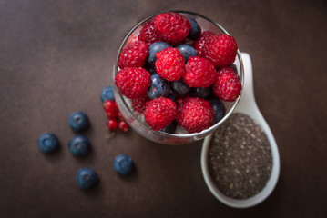 Chia Seed Pudding With Raspberries and Blueberries - Top View