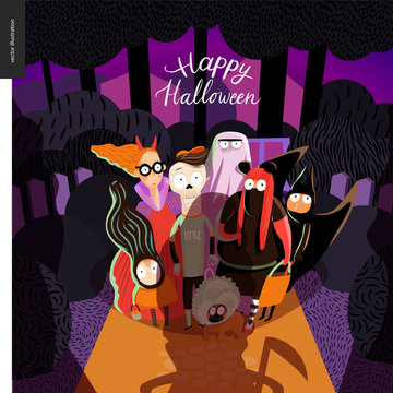 Happy Halloween greeting card with lettering. Vector cartoon illustrated group of kids wearing Halloween costumes and a french bulldog, scared by old lady opened the door.
