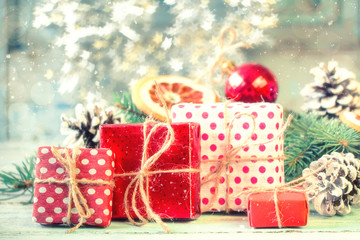 Christmas decoration on abstract background,vintage filter,soft focus