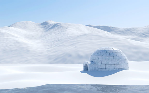 Igloo isolated in snowfield with lake and snowy mountain, Arctic landscape scene