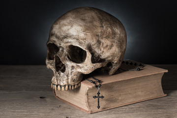 still life photography : holy concept with skull, bible and cross 