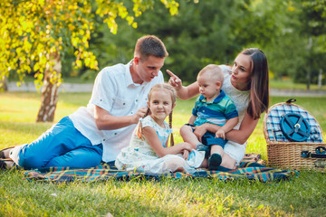 Naklejka na ściany i meble Young happy family of four on picnic in the park