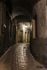 Fototapeta premium Narrow cobbled street in old town Peille at night, France.