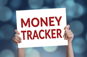 Money tracker card with blue bokeh lights background