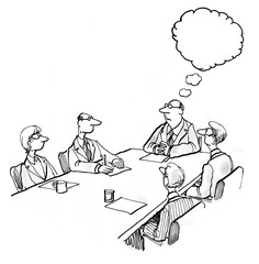 INSERT YOUR OWN TEXT.  Business illustration of business leader thinking in a meeting.