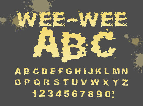 Wee-wee ABC. Yellow liquid font. piss typography. Urine alphabet