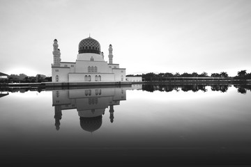 Black and white scene at Kota Kinabalu Mosque, Sabah Borneo, Malaysia
