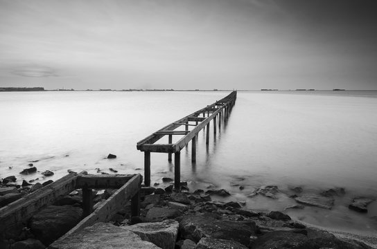 Fototapeta Fine art black and white view at fisherman jetty