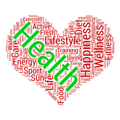 Health word cloud in shape of heart. Sport and healthcare concept.