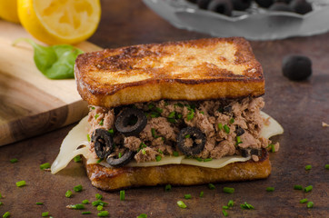 French toast with tuna and olives
