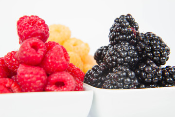 Raspberries and blackberries: bowls of fruit on white background