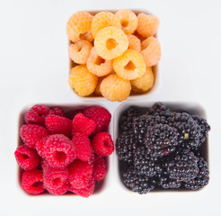Raspberries and blackberries: bowls of fruit on white background