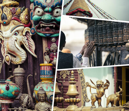Collage of Kathmandu (Nepal) images - travel background (my phot