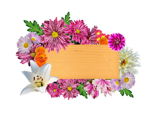 Beautiful bright floral frame around a wooden signboard