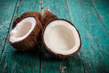 Coconut on wooden table.