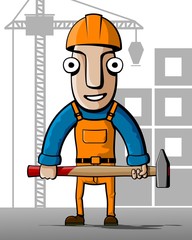 Construction worker with a hammer on a background of building.