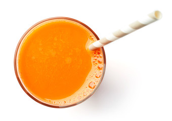 glass of fresh carrot juice isolated on white, from above