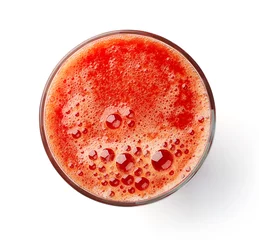 Poster de jardin Jus glass of fresh tomato juice isolated on white, from above
