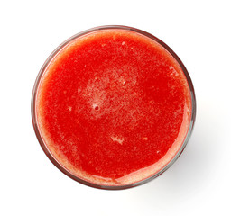 glass of fresh tomato juice isolated on white, from above