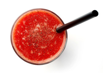 glass of fresh tomato juice isolated on white, from above
