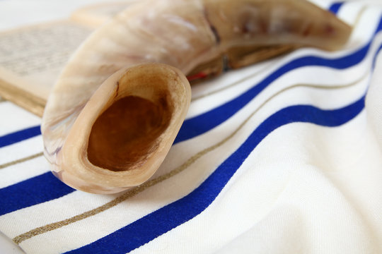 Prayer Shawl - Tallit and Shofar (horn) jewish religious symbol