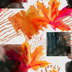 Fototapete Grafikdrucke Abstraktes nahtloses Muster mit Aquarellquadraten und Herbst farbigem Ahornblatt.