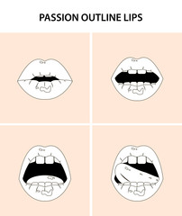 Set of  four sexy open mouths, tongue hanging out, outline erotic seductive lips, passion