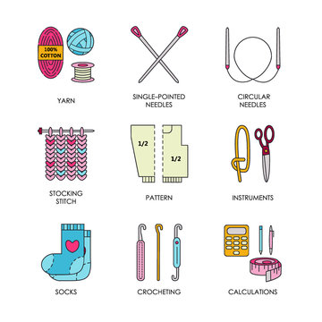Knitting. Modern vector line icons set of knitting and crochet. Knitting elements: yarn, knitting needle, knitting hook, pin and others. Outline knitting symbol collection invitations, notes, messages