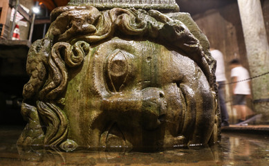 Medusa column base in Basilica Cistern, Istanbul City