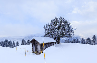Shed in the mountains. Ski Resort Laax. Switzerland