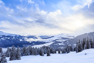 Fototapeta na wymiar Mountains with snow in winter. Ski Resort Laax. Switzerland