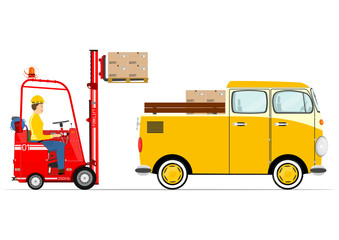 Forklift and van in a retro style on a white background. Flat vector