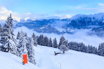 Mountains with snow in winter.  Ski Resort Laax. Switzerland