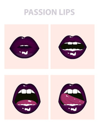 Set of 4 sexy open mouths, tongue hanging out, violet erotic seductive lips, passion
